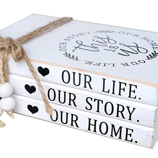 LIVDUCOT Wood Decorative Books Stack Rustic Home Decor Stack White Wooden Books for Modern Home Decor,Shelf,Mantle or Tray This is Us Our Life Our Story Our Home 7X 5.5X 2.5'