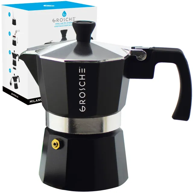 GROSCHE Milano Stovetop Espresso Maker Moka Pot 1 Espresso Cup size 1.5oz, Black