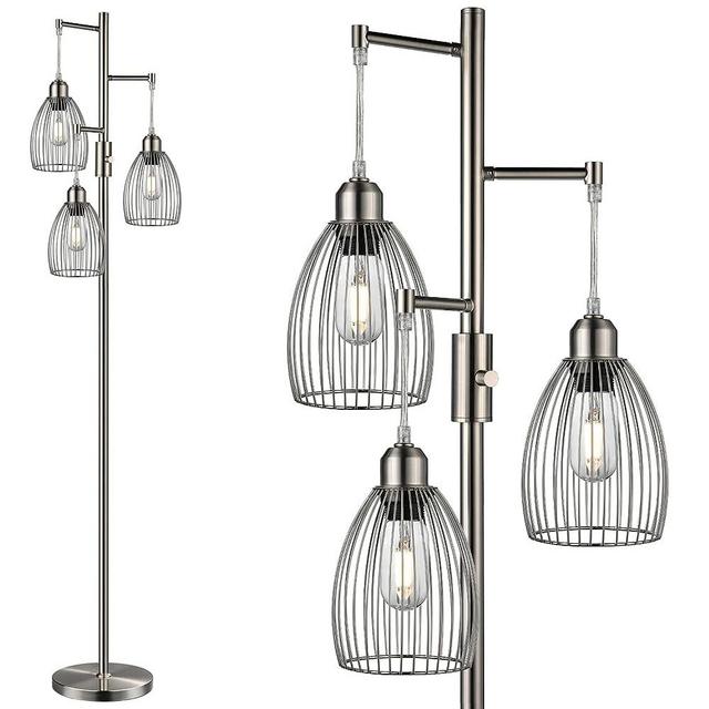 Dimmable Floor Lamp, 3 x 800LM LED Edison Bulbs Included, Industrial Floor Lamp Standing Tree Lamp with Elegant Teardrop Cage Heads Tall Lamps for Living Room Bedroom-Brushed Nickel