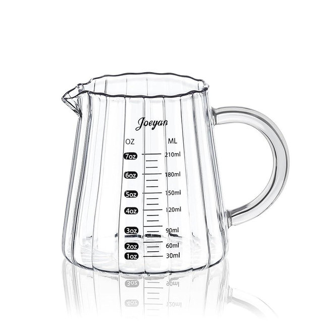 Joeyan 7 oz Glass Measuring Cups with Spout,Borosilicate Large Glass Triple Pitcher with Scale,Origami Style Espresso Shot Glasses with Wood Handle for Coffee Milk