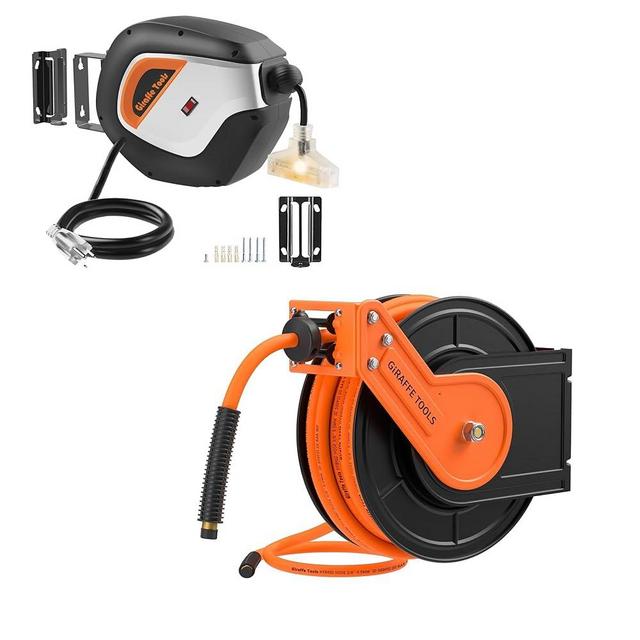 Giraffe Tools Retractable Extension Cord Reel, 50ft 14/3AWG Power Cord Storage Reel, Wall/Ceiling Mount and Giraffe Tools TA10B Air Hose Reel 25 ft Retractable Wall Mount, Heavy Duty Steel Auto Rewind