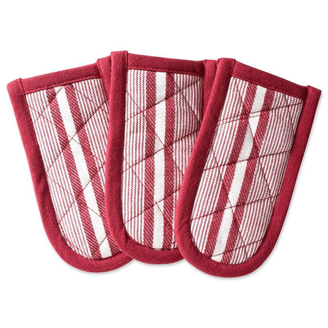 DII Cotton Stripe Quilted Pan Handle, 6x 3" Set of 3, Machine Washable and Heat Resistant for Everyday Kitchen Cooking and Baking-Barn Red