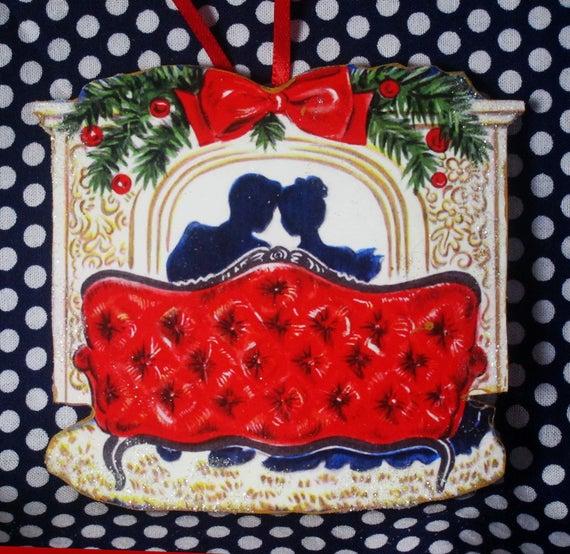 Romantic Couple, Personalized Christmas Ornament, Handcrafted Wood, Fireplace, Mid-Century Modern, Wedding Ornament, 1950s Christmas Card