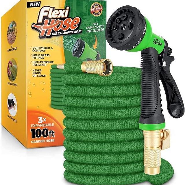 Flexi Hose with 8 Function Nozzle, 100FT - Lightweight Expandable Garden Hose, No-Kink Flexibility, 3/4 Inch Solid Brass Fittings and Double Latex Core - Green