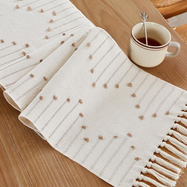 Wracra Boho Table Runner, Natural Cotton Woven Macrame Table Runners 72 Inches Long for Modern Farmhouse Woven Home Decor, 14x72 Inch, Taupe