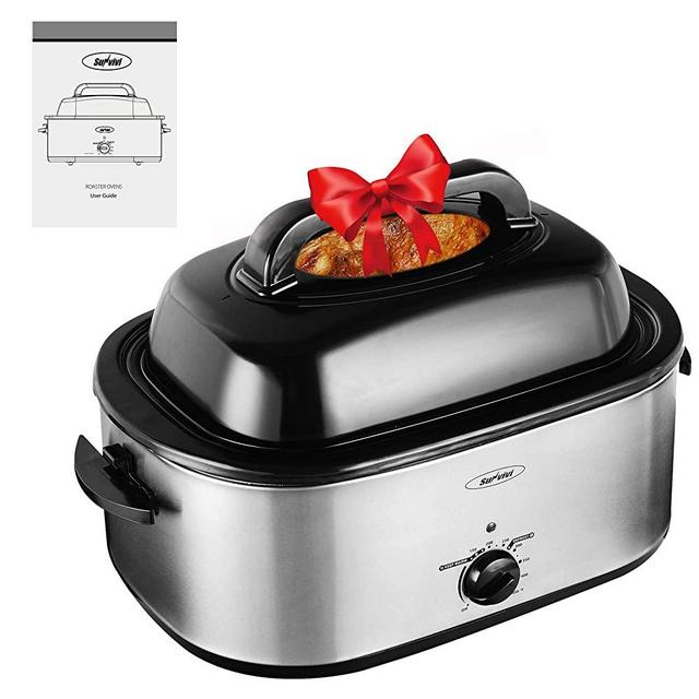 28lb 24-quart Roaster Oven, Electric Roaster Oven with Viewing Lid, Sunvivi Turkey Roaster with Unique Defrost/Warm Function, Large Roaster with Removable Pan & Rack , Stainless Steel, Silver
