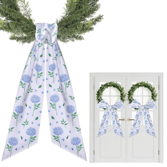 PartyforU Blue Hydrangea Wreath Sash - 2 Pcs Flower Wreath Sashes for Front Door Farmhouse Home Decor, 60 Inch Floral Sash for Wreaths Summer Window Doorway Wall