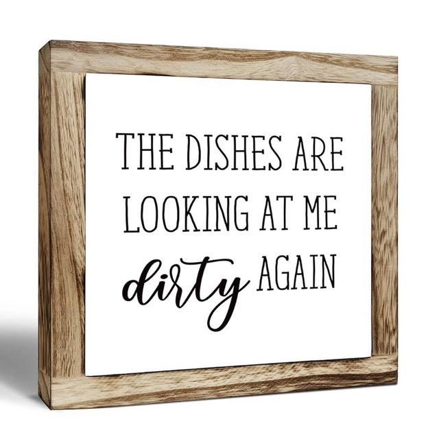 SUSZDOU Rustic Wooden Kitchen Sign, 'The Dishes Are Looking At Me Dirty Again', 7.8x7.8x0.67 inch, Pine Wood, Decorative Sign