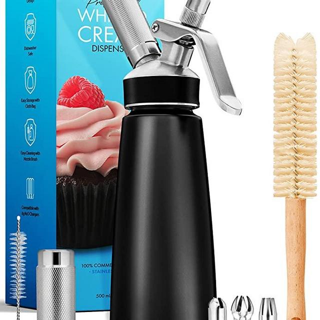 Whipped Cream Dispenser - Ultra Durable Leak-Free Stainless Steel Whipping Cream Dispenser - 3 Decorating Tips & 2 Cleaning Brushes - 1 Gripping Sleeve - Whipped Cream Maker - 500mL / 1 Pint Canister