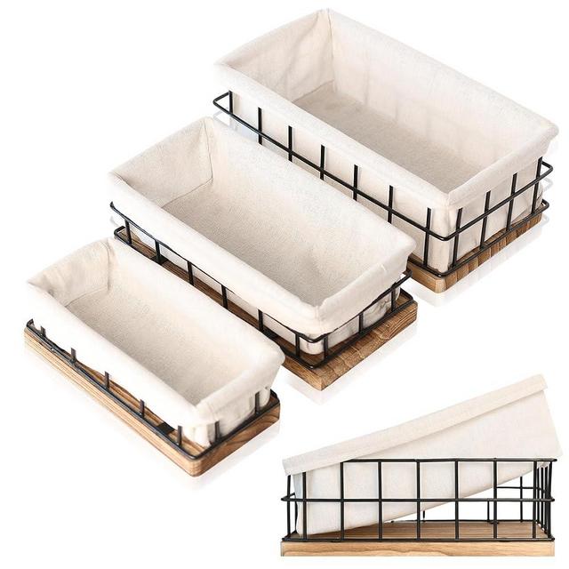 AURA NEST Metal Baskets for Organizing - Set of 3 Black Metal Basket with Liner, Wooden Decorative Baskets for Home Decor, Bathroom Decor & Kitchen Decor, Wooden Baskets Wire Basket with Liner