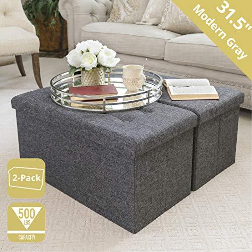 Seville Classics 31.5" Foldable Tufted Storage Bench Ottoman Footrest Toy Chest Coffee Table Trunk (2-Pack) Stool, Charcoal Gray