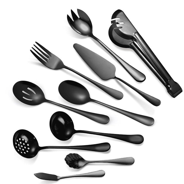 A · HOUSEWARE Black Serving Utensils Set 10-Piece Stainless Steel Kitchen Catering Flatware include Catering Tong Big Spoons and Ladles Servers Large Fork Spatula Ideal for Home and Restaurant Use