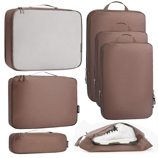 Bagail Ultralight Packing Cubes 7 Set, 3 Compression Packing Cubes 3 Packing Organizers With 1 Shoe Bag-Brown