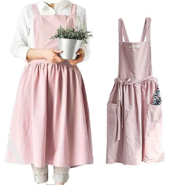 Cotton and linen Cross Back Kitchen Cooking Aprons for Women with Pockets Cute for Baking Painting Gardening Cleaning