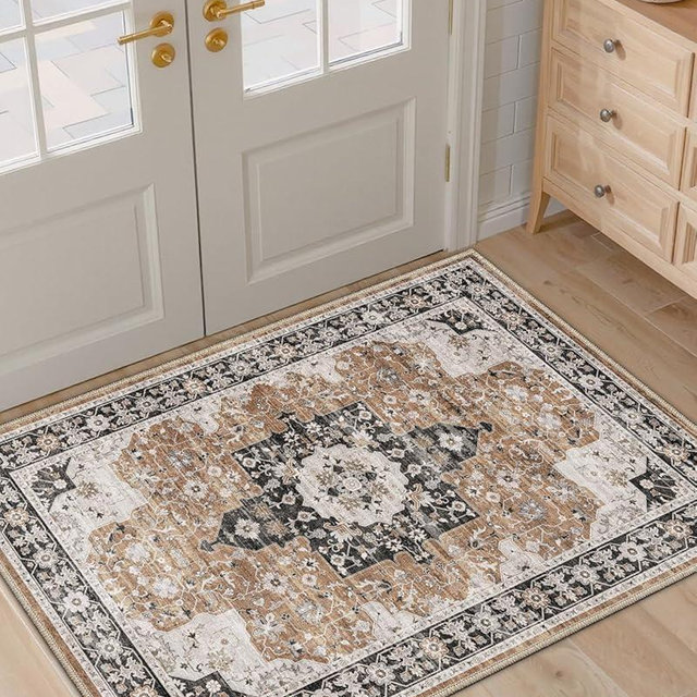 DEXI Area Rugs for Entryway, 2'5"x4' Washable Low Pile Vintage Entry Rug Non Slip, Floral Indoor Door Mat for Bedroom Kitchen Entrance Hallway, Brown