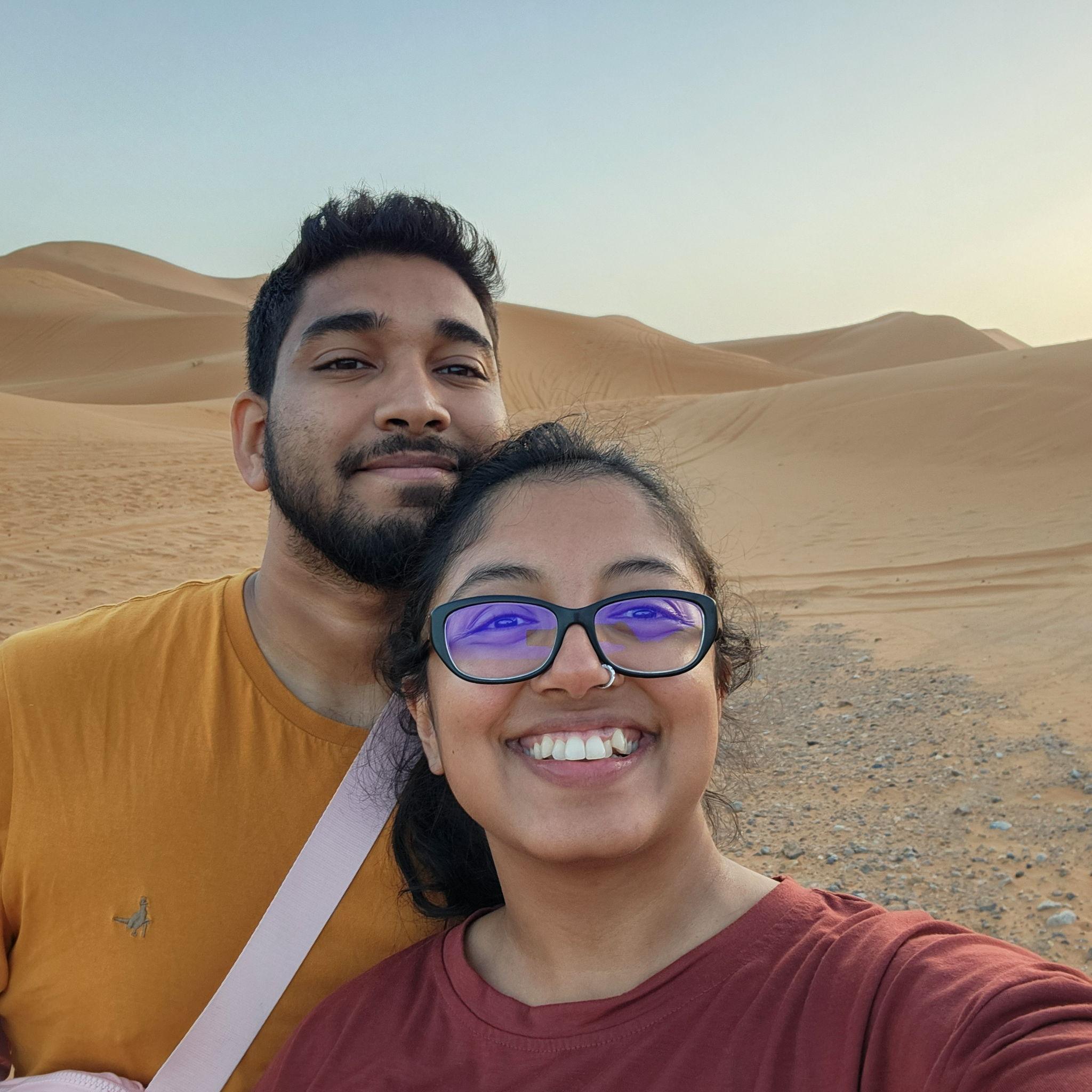 Woke up at the crack of dawn to catch sunrise in the Sahara. Neither of us are morning people, but this was worth it!