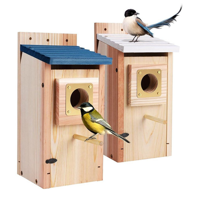Bluebird Houses 2Pack for Outside with Copper Guard, Pole, Thicken Wooden Hanging Birdhouse Clearance Garden Country Cottages, Nesting Box for Bluebird Finch Swallow Wren Chickadee Wild Bird Supplies