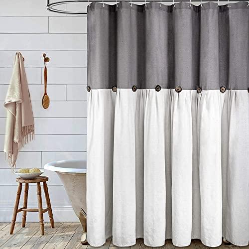 Reisen Linen Farmhouse Shower Curtain Button Gray and White Shower Curtains for Bathroom, 72" x 72"