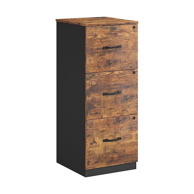 VASAGLE File Cabinet for Home Office, Printer Stand, with 3 Lockable Drawers, Adjustable Hanging Rails, Rustic Brown + Black