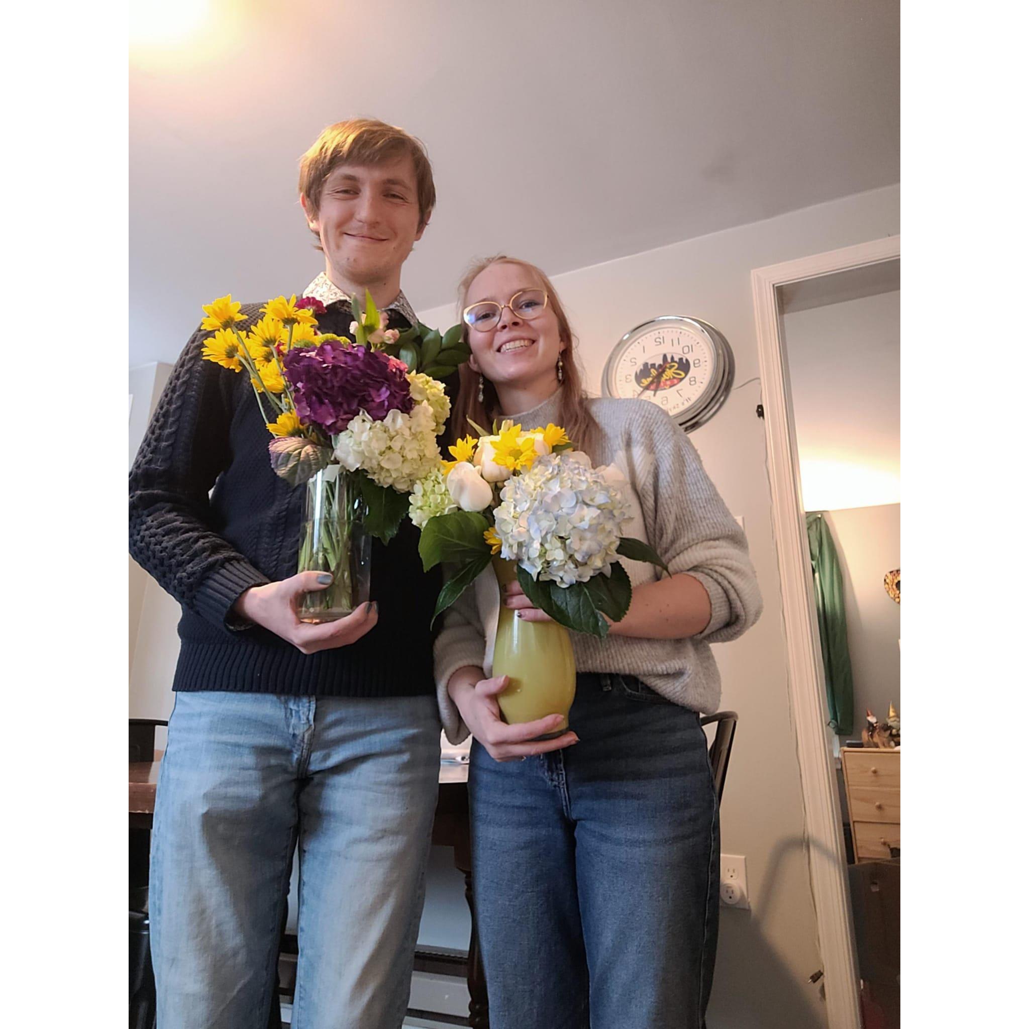 We arranged flowers to celebrate our anniversary