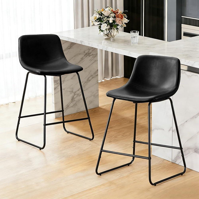 Joysoul Bar Stools Set of 2, 24 Inch Counter Height Barstools with Back & Footrest - Waterproof Faux Leather, Ergonomic Seat & Sturdy Metal Base for Kitchen Island, Cafe, Home Bar (Black)