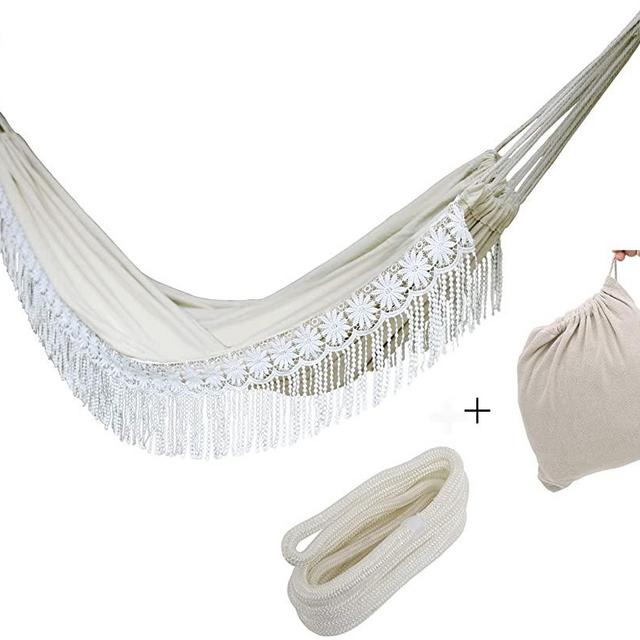 Langjitianya Boho Large Double Brazilian Crochet Fringe Macrame Hammock with Tree Rope and Bag , White Lace Wedding Handmade Tassels Hammock