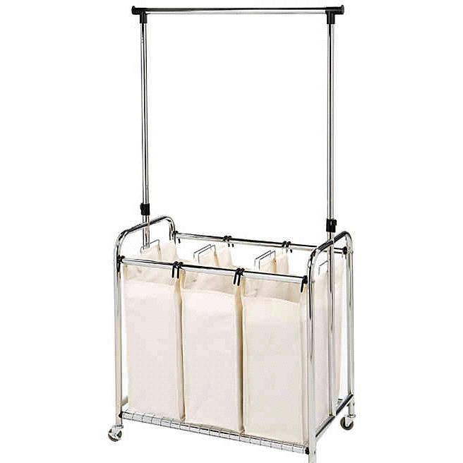 Seville Classics 3-Bag Laundry Sorter Hamper Cart with Hanging Bar in Natural
