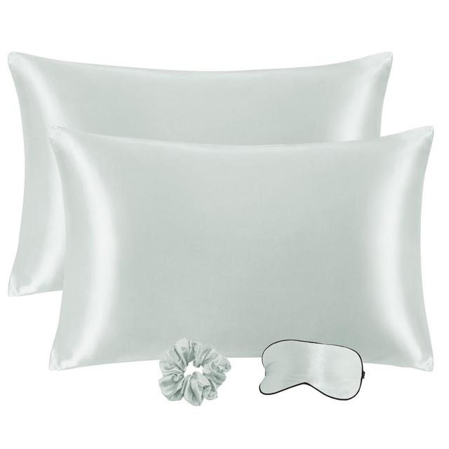 PiccoCasa Satin Zippered Pillowcase with Eye Mask & Scrunchie 2 Pcs Gray Standard