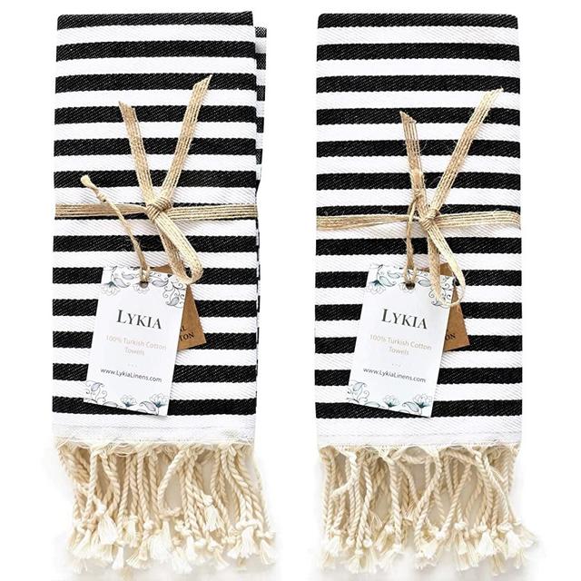 Lykia Turkish Hand Towel Set of 2 - Decorative Hand Towels for Bathroom and Kitchen - 100% Cotton 17x40 Inches - Great for Bath and Farmhouse Boho Style Housewarming Decor Gifts (Black and White)