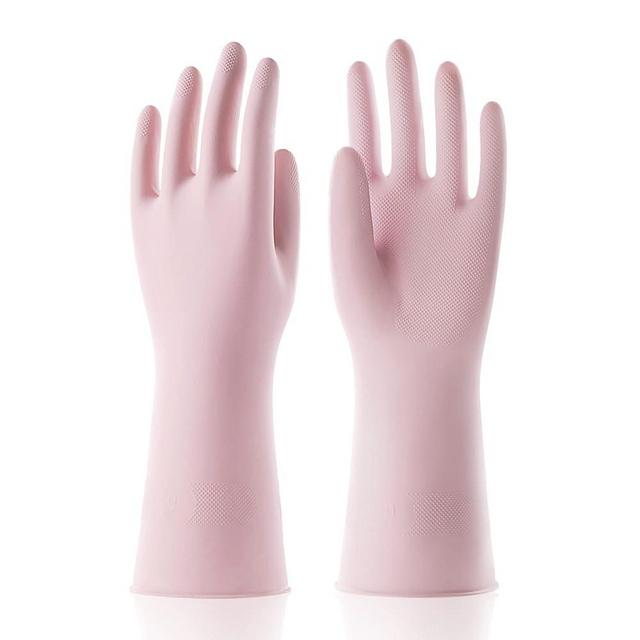 COOLJOB Small Reusable Rubber Dishwashing Cleaning Gloves for Kitchen Bathroom, Non-Slip Grippy Long Dish Washing Gloves with Flocked Cotton Liner, Flexible Durable & Waterproof, Lt Pink, 1 Pair