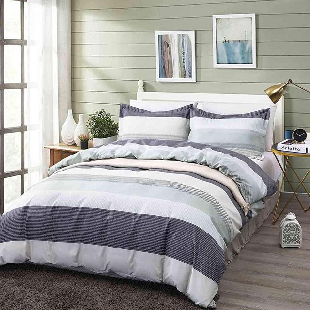 NANKO Queen Duvet Cover Set Gray Mint Green Striped Pattern Printed 3pc 90x90 Luxury Microfiber Down Comforter Quilt Bedding Cover with Zipper Closure Ties - Modern for Men and Women Chambray