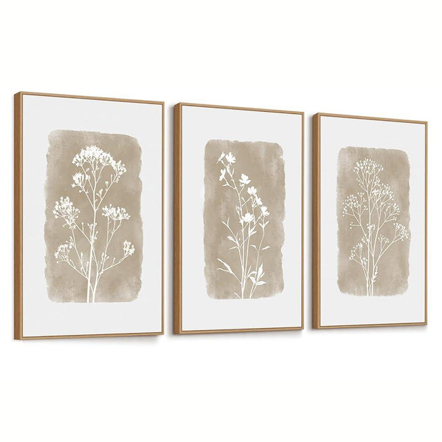 FDYCKVIP Neutral Floral Framed Canvas Wall Art Set of 3, 16"x24" Large Boho Botanical Wall Decor, Minimalist Plant Wall Painting, Rustic Wildflower Artwork for Living Room Bedroom Farmhouse Office