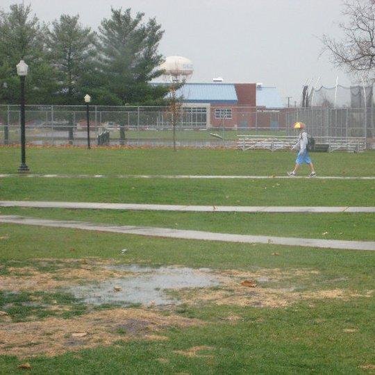 The first time Caitlin ever saw Mike he was wearing an umbrella hat after a rain storm, 2010