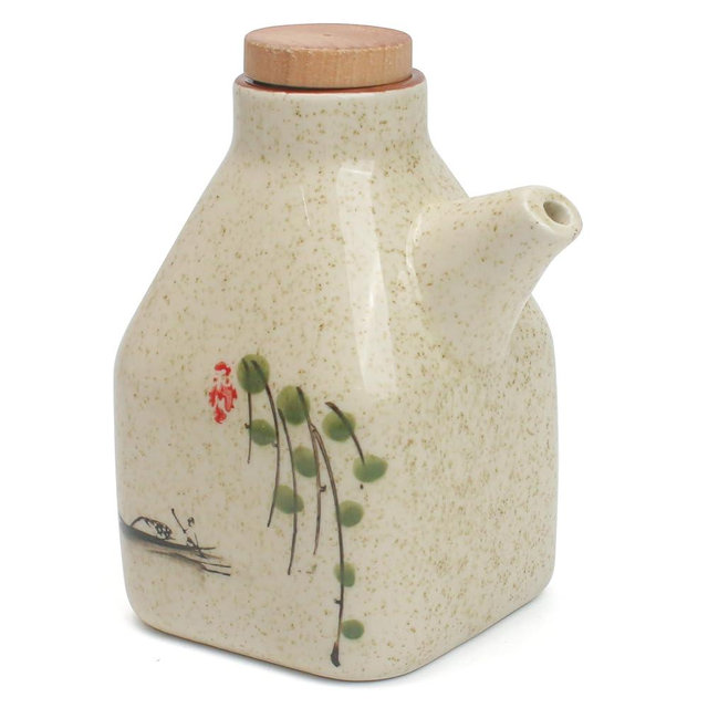 Soy Sauce Dispenser Ceramic, Japanese Style, Large Leakproof Vintage Bottle Holder Container with Cork Stopper for Oil Vinegar Condiment Liquid Barbecue Cooking Kitchen, 300ml