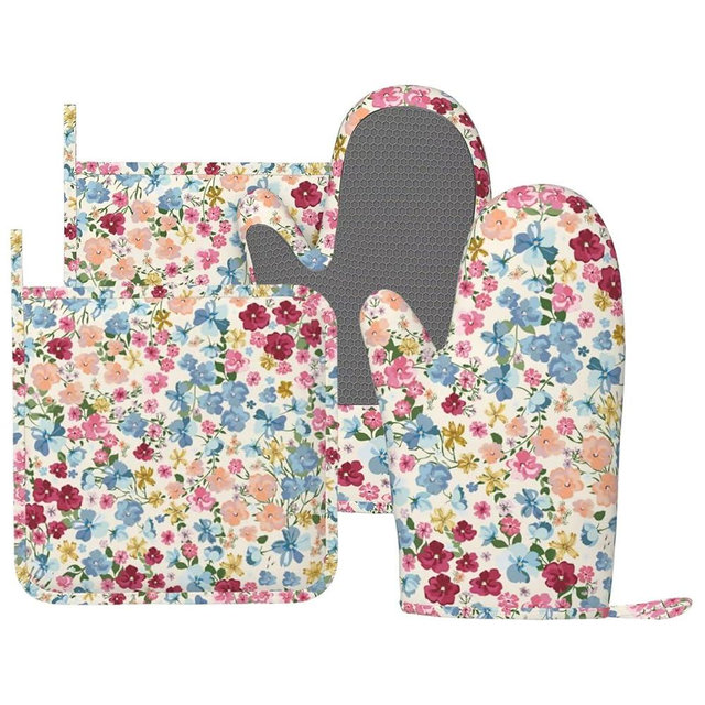 BOKEKANG Wild Flowers Floral Meadow Oven Mitts and Pot Holders Set of 4 Silicone Kitchen Mitten Gloves and Non-Slip Potholders Set Heat Resistant Oven Gloves Hot Holders for Kitchen