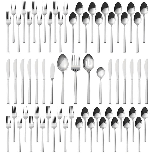 Alata Cube 65-Piece Forged Stainless Steel Flatware Set Cutlery Set with Utensil-Serving Set, Silverware Set Service for 12, Mirror Finish, Dishwasher Safe