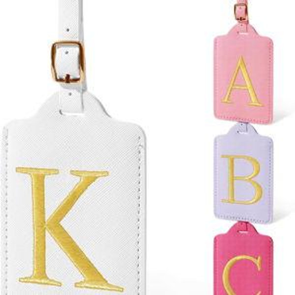 Personalized Initial Luggage Tags for Suitcases, Cute PU Leather Embroidered Letter Travel Luggage Tags, Suitcase Identifier Name Baggage Tag, Bag Tags for Men Women Kids Luggage Handbags(White K)