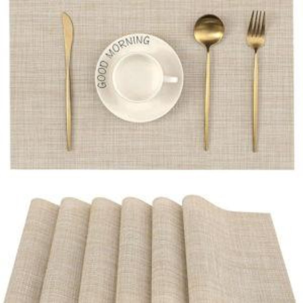 Leetaltree Beige Placemats Set of 6 - Heat Resistant Non-Slip Place mats for Dining Table, Washable Durable PVC Vinyl Woven Table Mats(Beige, 6)