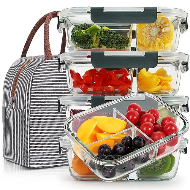 5 Pack 36oz Bento Box Meal Prep Glass Containers 3 Compartments with Lids Glass Food Storage Containers Glass Lunch Containers Glass Food Prep Containers with Lids Lunch Box Snack Container for Oven