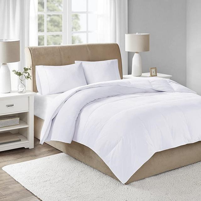 True North by Sleep Philosophy 3M Scotchgard 300TC Quilted Down Comforter 100% Cotton Sateen Cover Downproof, Feather Blend Duvet Insert Modern Luxe All Season Bed Set, Full/Queen, White Maxi Warm