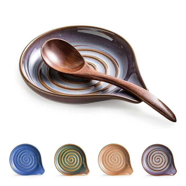 Cormomu Spoon Rest, Ceramic Spoon spoon holder with Deep Drip Tray, Spoon Holder for Stove Top Utensils Holder for Countertop, Cooking Spoon Holder with Handle for Easy Hold and Transport, Purple