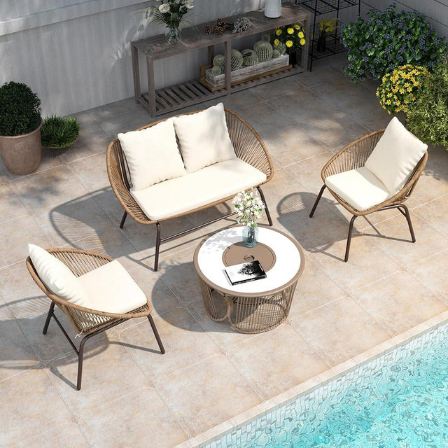LAUSAINT HOME 4 Pieces Patio Conversation Set, Breathable Bohemian Outdoor Rope Woven Furniture Set with 3 in 1 Round Firpit Table & Ice Bucket & Coffee Table for Backyard, Porch, Balcony, Beige