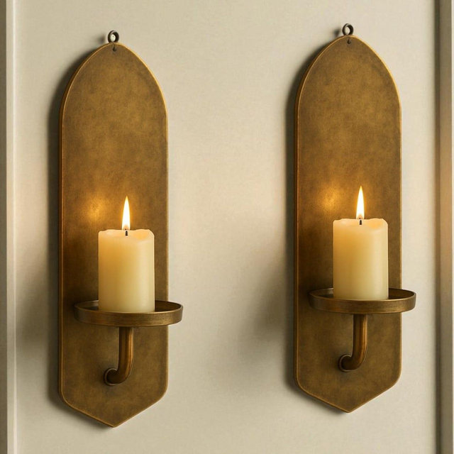 Set of 2 Brass Wall Sconces – Polished Candle Holder Pair, Handmade Moroccan Round Lights, Rustic Boho Antique Style Wall Décor