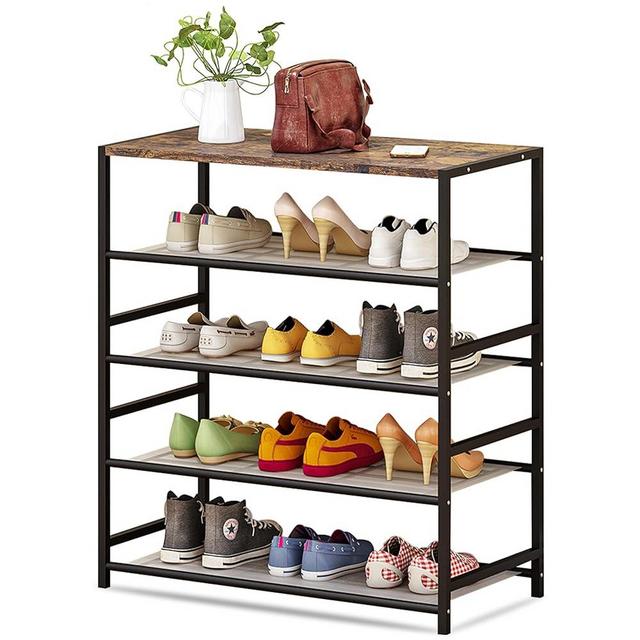 Caliee Shoe Rack, 5-Tier Shoe Organizer for Entryway, Tall Shoe Rack Made of Metal with Wooden Boards on Top for Storage, Applicable to Front Door Entrance