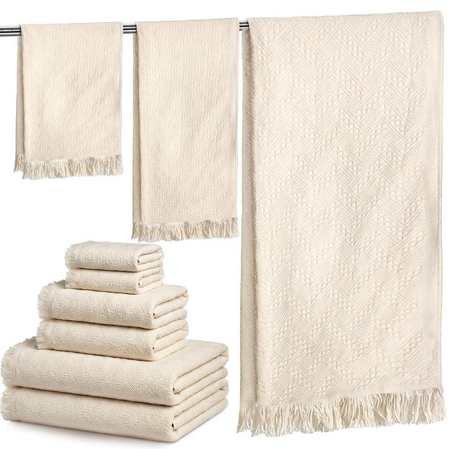 CrystalSylara 6 Pack Cotton Bath Towels Set Boho Towels for Bathroom 2 Bath Cloth 2 Hand Cloth and 2 Wash Cloths Soft Absorbent Durable Farmhouse Bathroom Decor