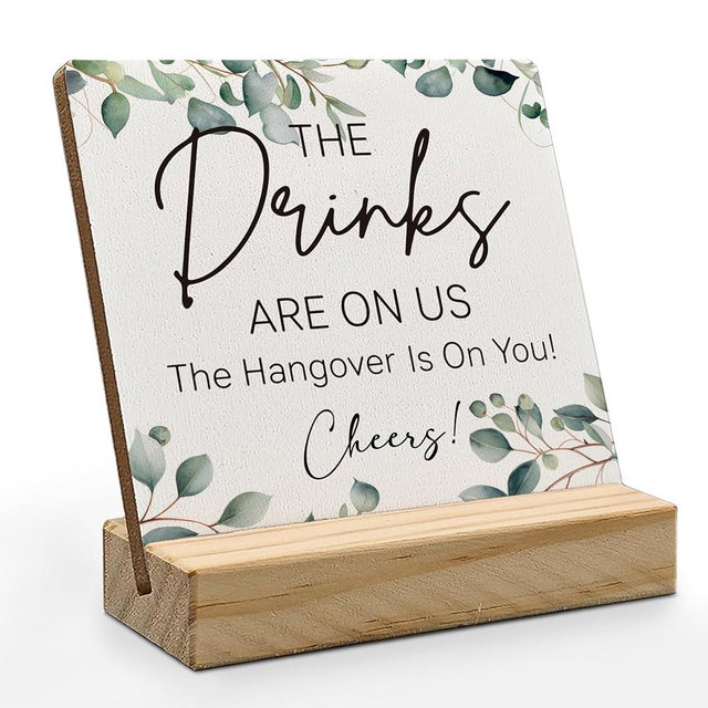 ANIANG Wedding Table Decor, Wedding Decor, Wedding Reception Decorations Wood Plaque, Wedding Accessories for Reception, Wedding Sign Wooden Plaque with Wood Stand for Reception Wedding Open Bar