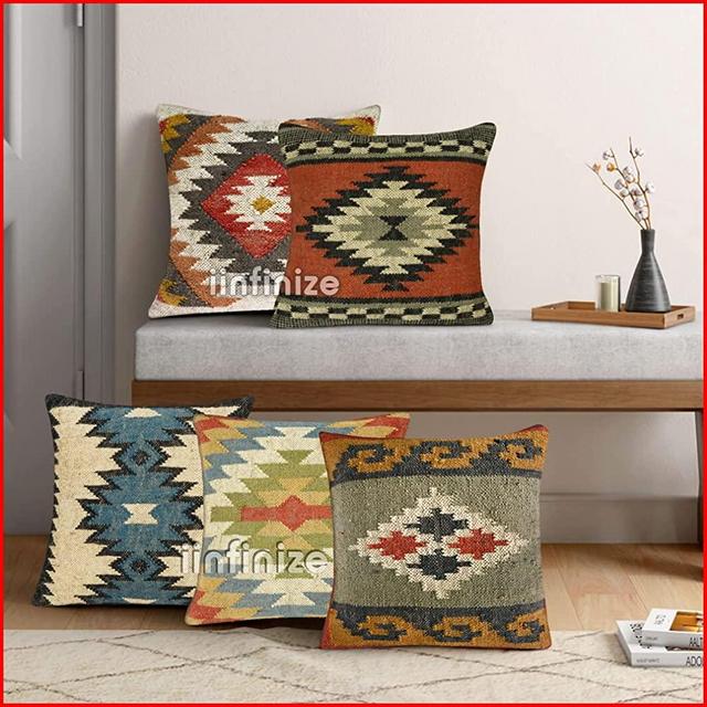 iinfinize Vintage Cushion Wool Jute Pillow Cover Rustic Cushion Case Sofa Back Rest Pillow Kilim Cushion Cover Set of 5 Handwoven Pillow Case Hippie Body Cushion ( 18x18 Inch )