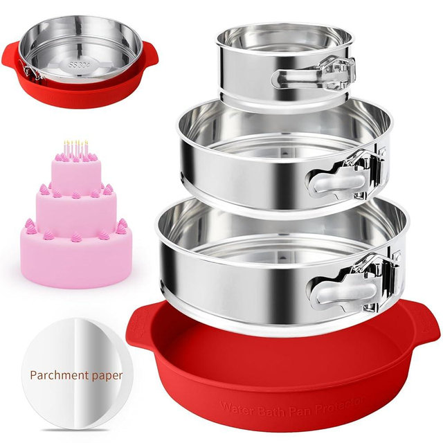 FENSIDEN 4, 7, 9 Inches Springform Pan Set - 304 Stainless Steel Nonstick Leakproof Springform Cake Pan Set with Removable Bottom, 10 Inch Silicone Cheesecake Pan Protector with 60 Pcs Parchment Paper