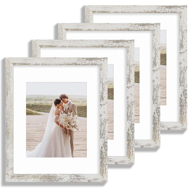 Hongkee 11x14 Picture Frame Set of 4, Made of Distressed White Wooden Frame, Display 8x10 Pictures with Mat or 11 x 14 Posters without Mat for Wall Mounting, Gallery Photo Frames