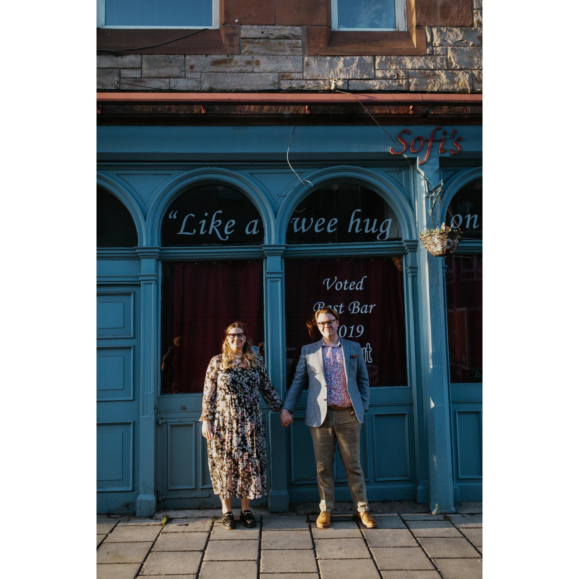 Back to the spot where it all began. Sofi's Bar, where we first said hello in 2017. We chose to have our engagement photos taken in and around the Shore in Leith.